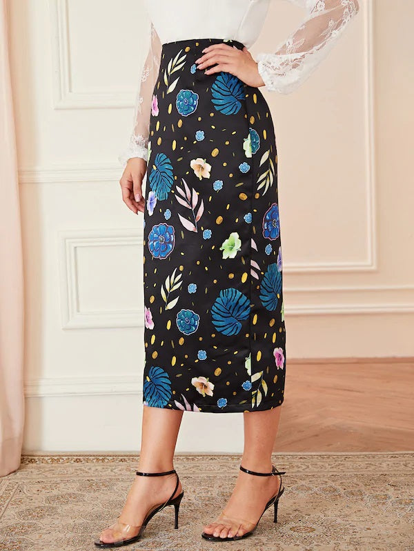 CM-BS610019 Women Casual Seoul Style Mid Waist Floral And Leaf Print Midi Skirt - Black