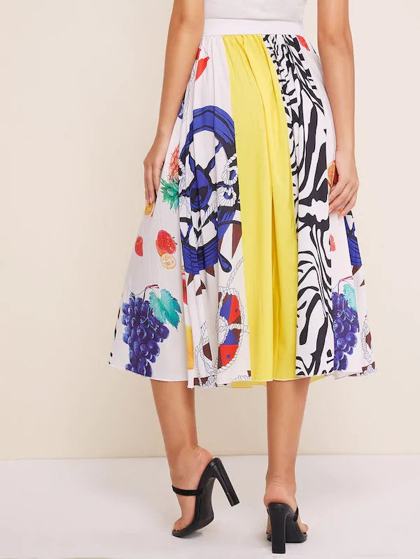 CM-BS610914 Women Casual Seoul Style Fruit And Zebra Print Contrast Panel Pleated Skirt