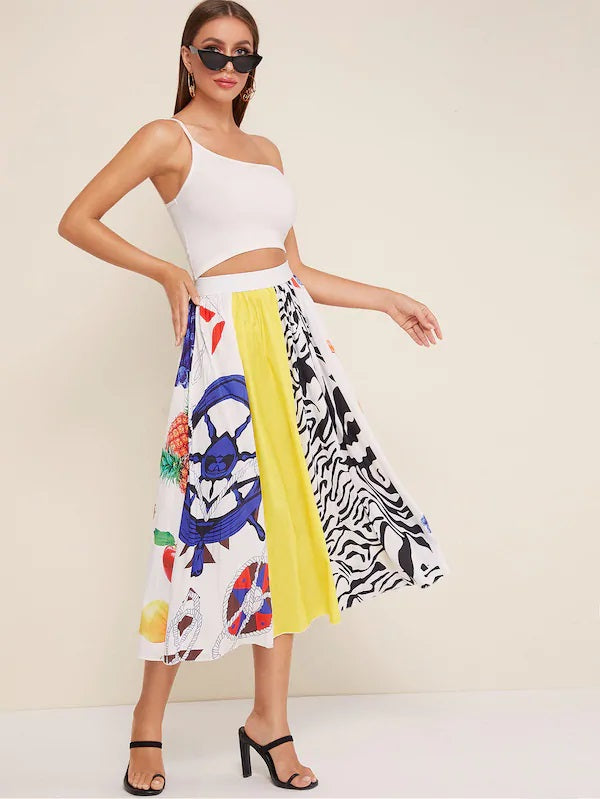 CM-BS610914 Women Casual Seoul Style Fruit And Zebra Print Contrast Panel Pleated Skirt