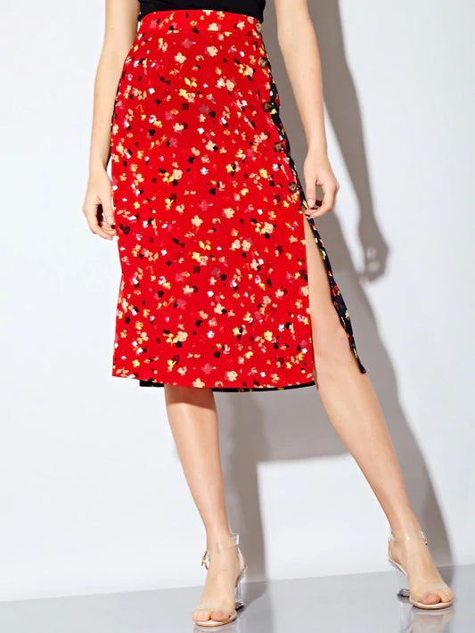 CM-BS520925 Women Trendy Seoul Style Floral Print Button Detail Two Tone Split Skirt