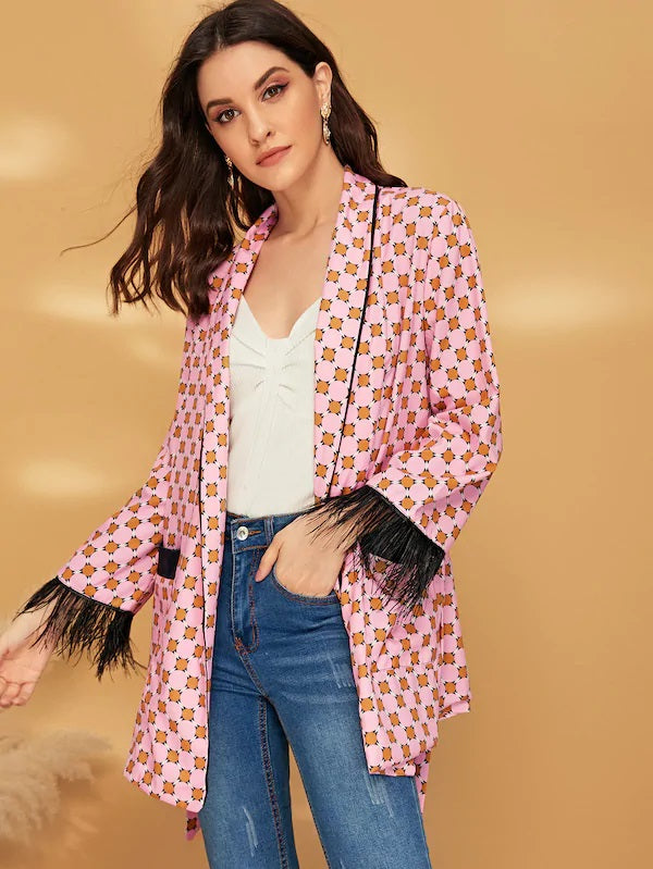 CM-CS611754 Women Trendy Seoul Style Long Sleeve Dot Print Fringe Detail Sleeve Blazer - Pink