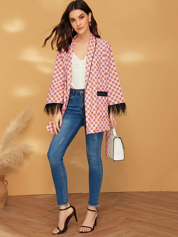 CM-CS611754 Women Trendy Seoul Style Long Sleeve Dot Print Fringe Detail Sleeve Blazer - Pink