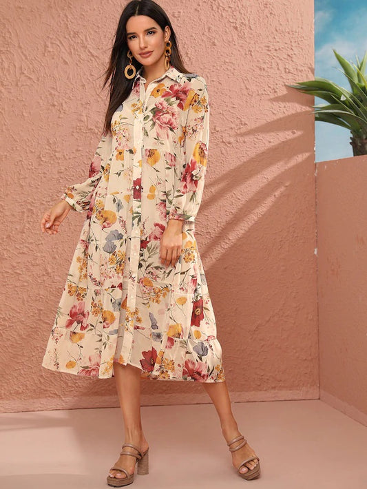 CM-DS611739 Women Trendy Seoul Style Floral Ruffle Hem Shirt Dress With Cami Dress - Beige