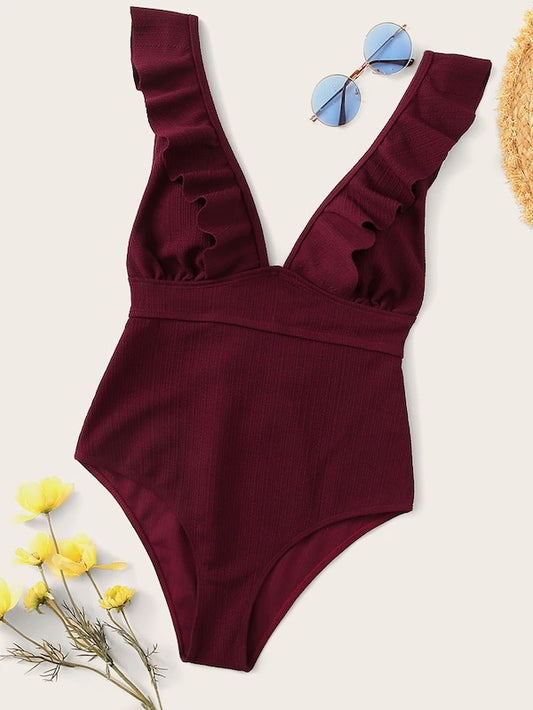 CM-SWS613810 Women Trendy Seoul Style Plunge Neck Ruffle One Piece Swimsuit - Wine Red