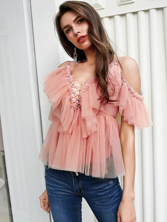 CM-TS612507 Women Casual Seoul Style Ruffle Trim Lace Up Cold Shoulder Mesh Top - Coral Pink