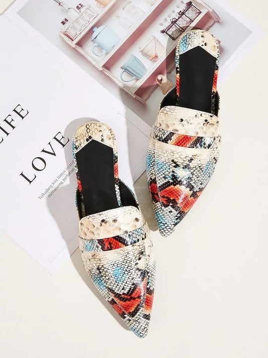 CM-SHS612086 Women Elegant Seoul Style Point Toe Snakeskin Flat Mules