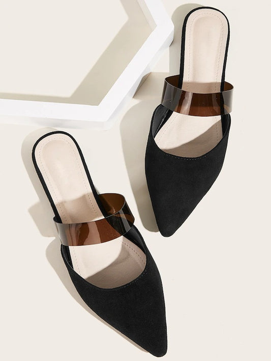 CM-SHS612352 Women Casual Seoul Style Point Toe Faux Suede Flat Mules - Black