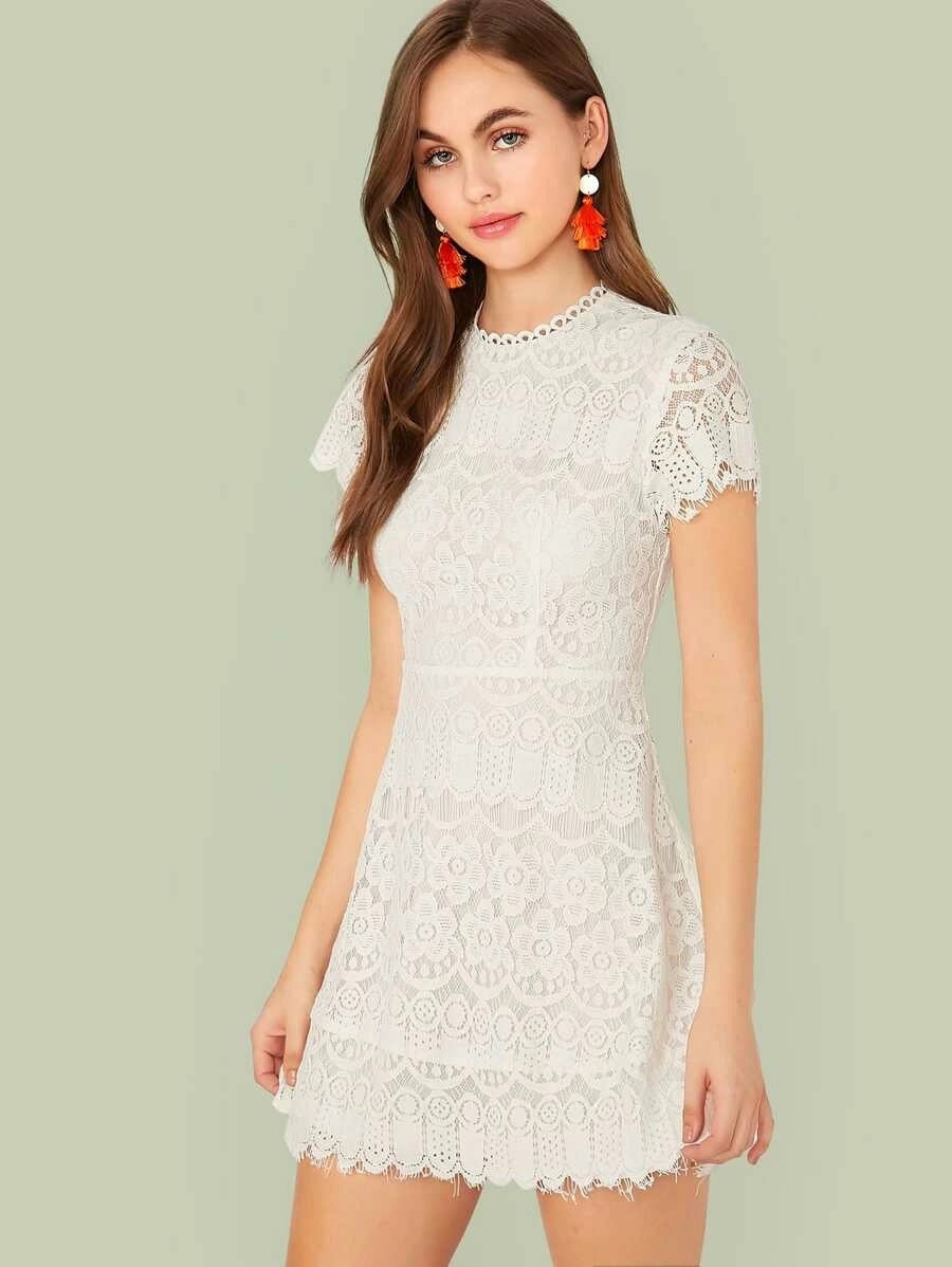 CM-DS516661 Women Casual Seoul Style Solid Zip Back Fit And Flare Lace Dress - White