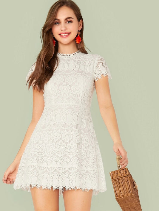 CM-DS516661 Women Casual Seoul Style Solid Zip Back Fit And Flare Lace Dress - White