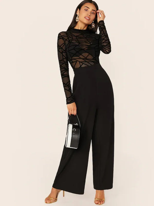 CM-JS529476 Women Elegant Seoul Style Mock-Neck Geometric Mesh Wide Leg Jumpsuit - Black