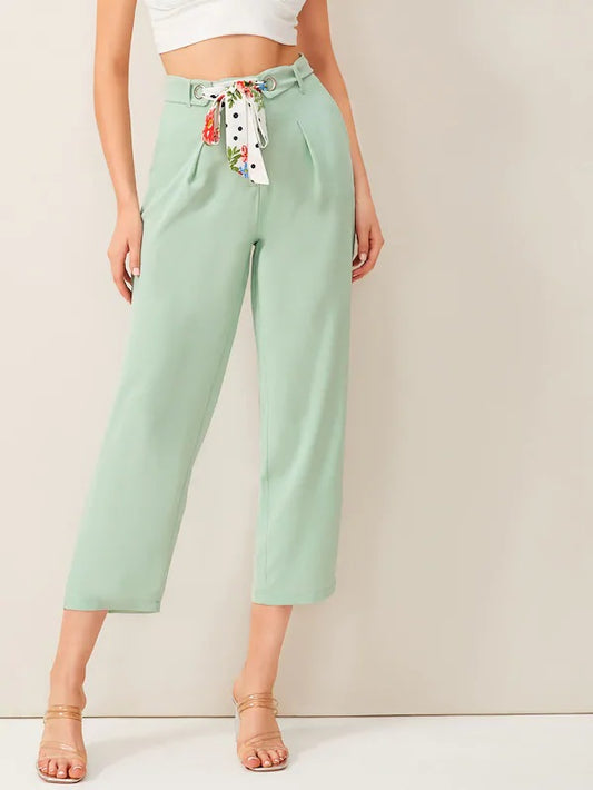 CM-BS613142 Women Elegant Seoul Style High Waist Belted Straight Leg Pants - Green