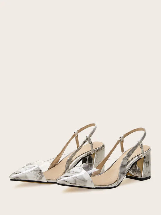 CM-SHS613500 Women Elegant Seoul Style Marble Print Point Toe Chunky Heels