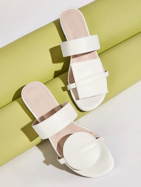 CM-SHS613771 Women Casual Seoul Geometric Shaped Asymmetrical Flat Sliders - White