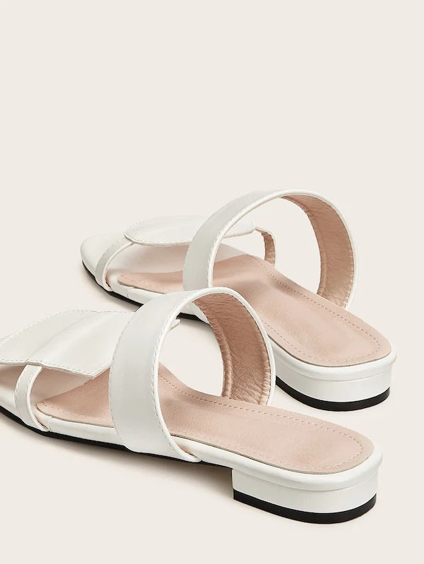 CM-SHS613771 Women Casual Seoul Geometric Shaped Asymmetrical Flat Sliders - White