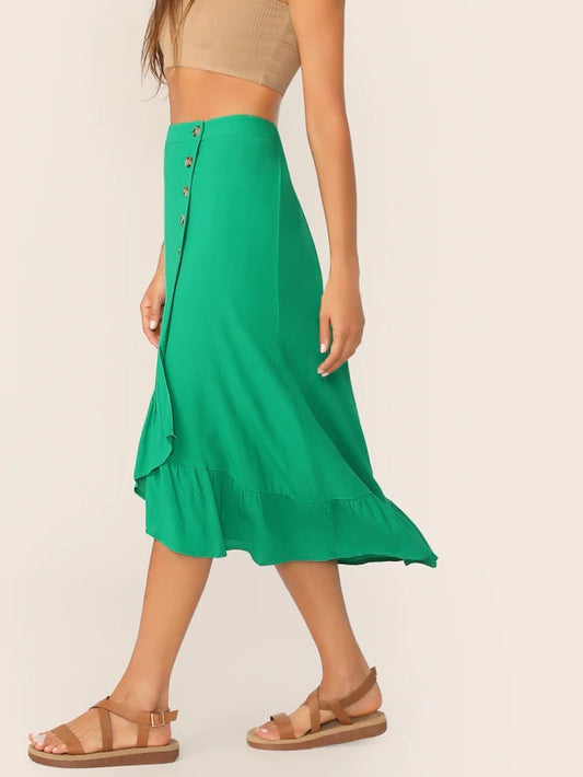 CM-BS520694 Women Casual Seoul Style Buttoned Front Ruffle Trim Asymmetrical Hem Skirt - Green