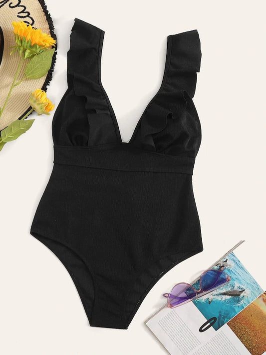 CM-SWS617812 Women Trendy Seoul Style Plunge Neck Ruffle One Piece Swimsuit - Black