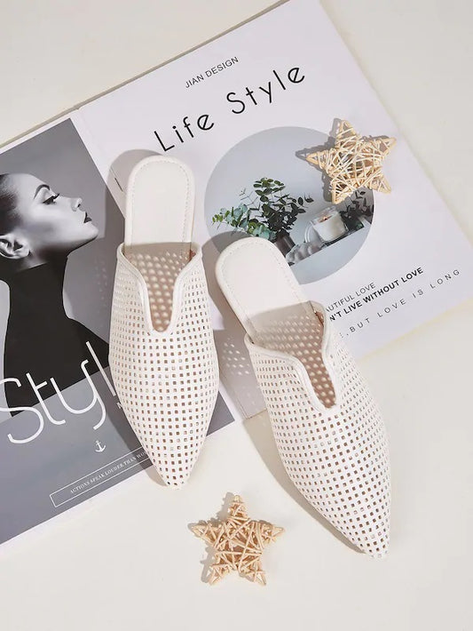 CM-SHS614453 Women Casual Seoul Style Point Toe Hollow Out Flat Mules - White