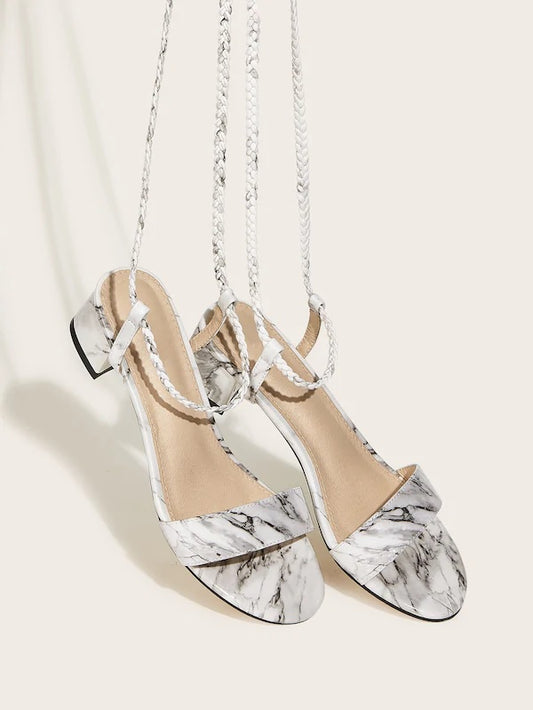 CM-SHS614505 Women Casual Seoul Style Open Toe Marble Print Tie Leg Heels