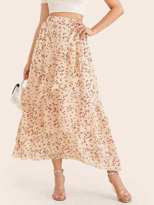 CM-BS617084 Women Casual Seoul Style Confetti Heart Print Layered Chiffon A-Line Skirt - Beige