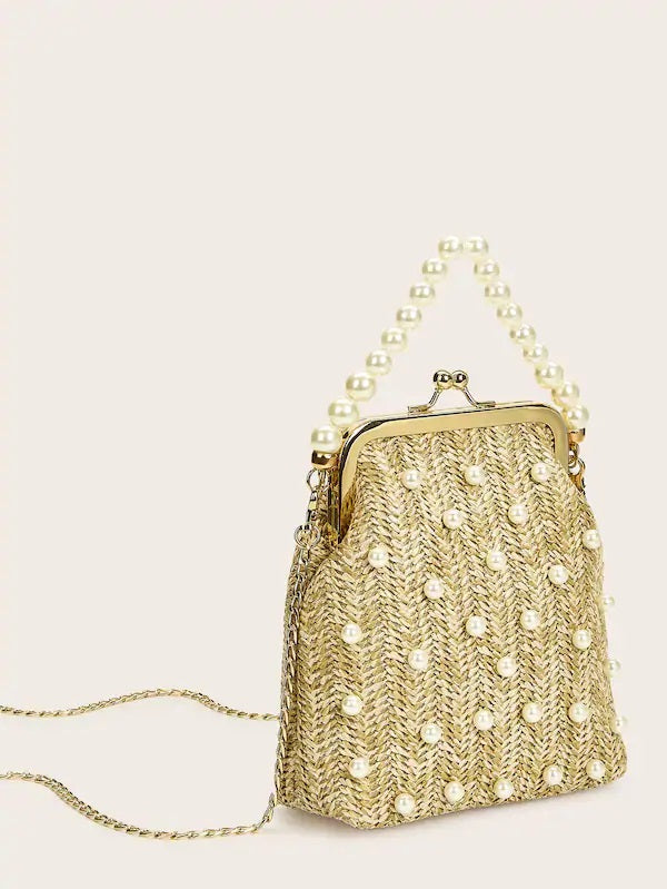 CM-BGS617776 Women Casual Seoul Style Lock Faux Pearl Decor Woven Clutch Bag - Khaki