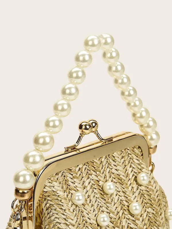 CM-BGS617776 Women Casual Seoul Style Lock Faux Pearl Decor Woven Clutch Bag - Khaki