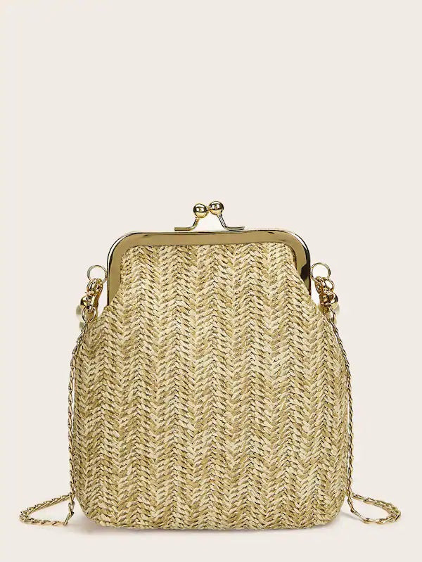 CM-BGS617776 Women Casual Seoul Style Lock Faux Pearl Decor Woven Clutch Bag - Khaki