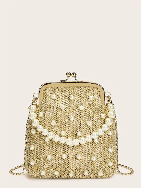 CM-BGS617776 Women Casual Seoul Style Lock Faux Pearl Decor Woven Clutch Bag - Khaki