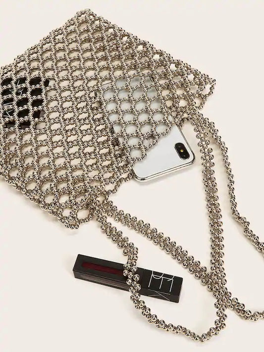 CM-BGS613150 Women Trendy Seoul Style Beaded Hollow Out Tote Bag - Silver
