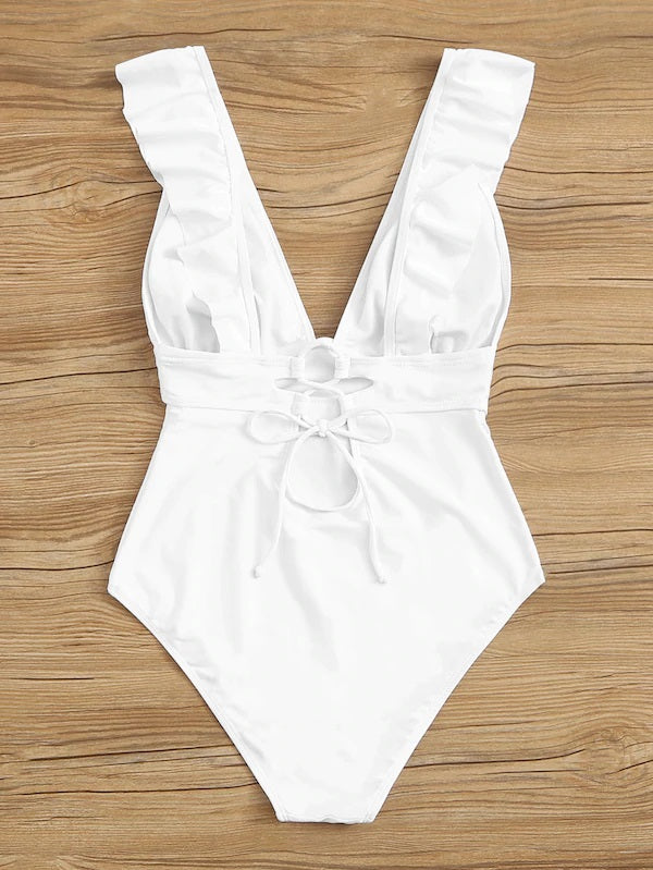 CM-SWS618190 Women Trendy Seoul Style Ruffle Trim Lace Up One Piece Swimsuit - White