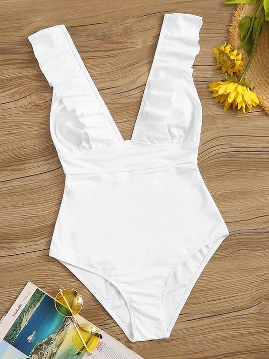 CM-SWS618190 Women Trendy Seoul Style Ruffle Trim Lace Up One Piece Swimsuit - White