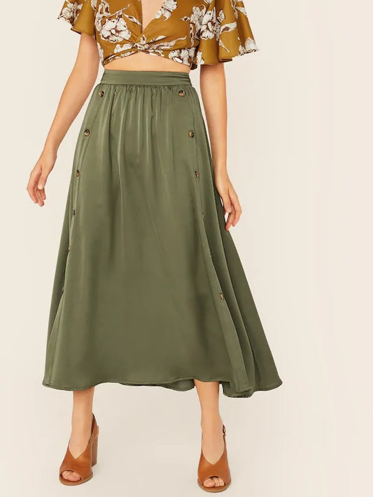 CM-BS606277 Women Trendy Seoul Style Mid Waist Double Button Flare A-Line Skirt - Green