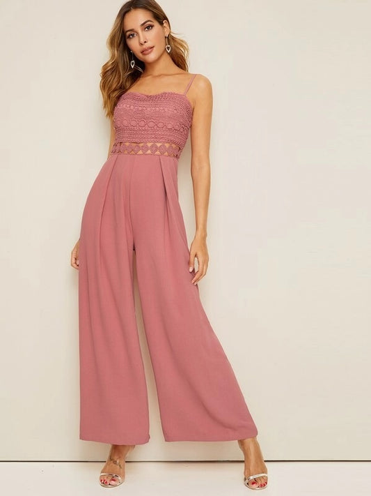 CM-JS409997 Women Casual Seoul Style Guipure Lace Insert Wide Leg Maxi Tank Jumpsuit - Pink