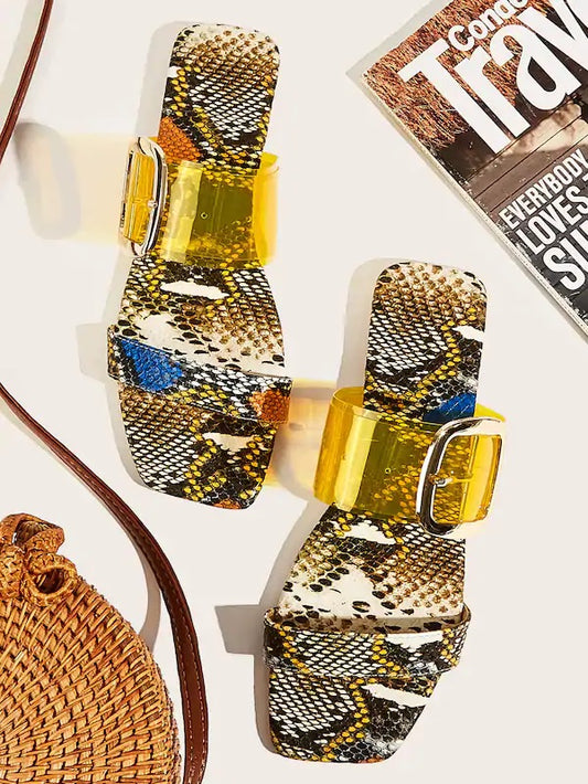 CM-SHS618382 Women Casual Seoul Style Open Toe Snakeskin Print Flat Sliders