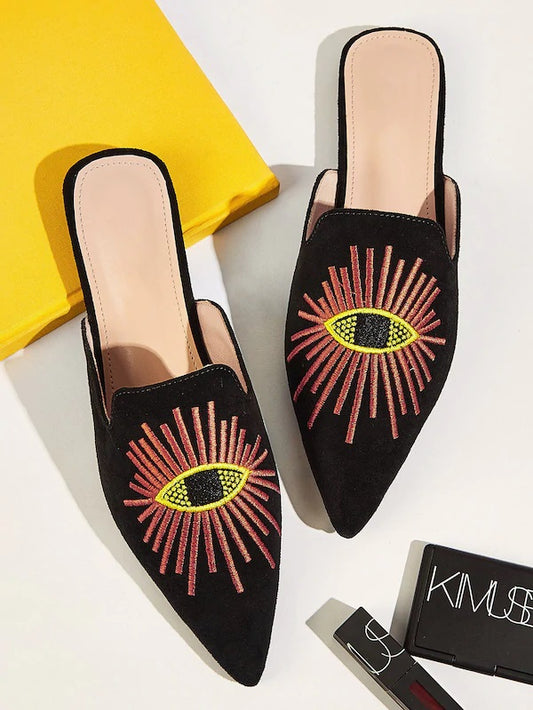 CM-SHS618960 Women Casual Seoul Style Embroidered Point Toe Flat Mules - Black