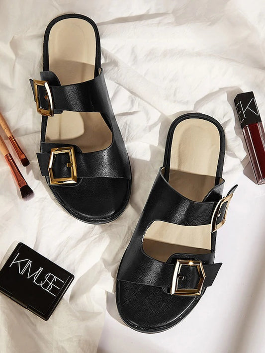 CM-SHS618967 Women Casual Seoul Style Double Buckle Strap Flat Sliders - Black