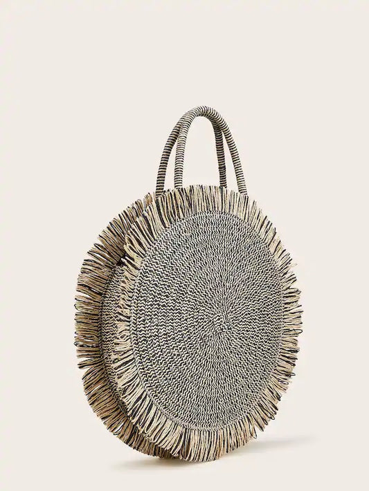 CM-BGS619836 Women Elegant Bohemian Style Fringe Trim Round Shaped Tote Bag