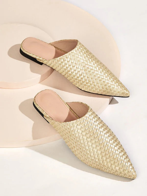 CM-SHS619780 Women Casual Seoul Style Point Toe Woven Flat Mules - Gold