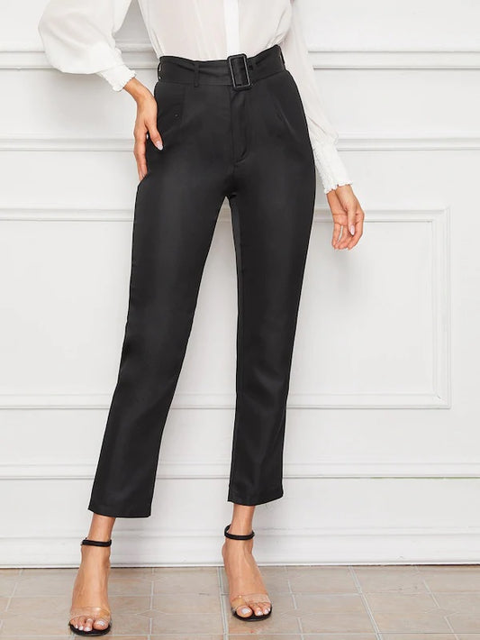 CM-BS530463 Women Casual Seoul Style High Waist Belted Crop Tailored Pants - Black