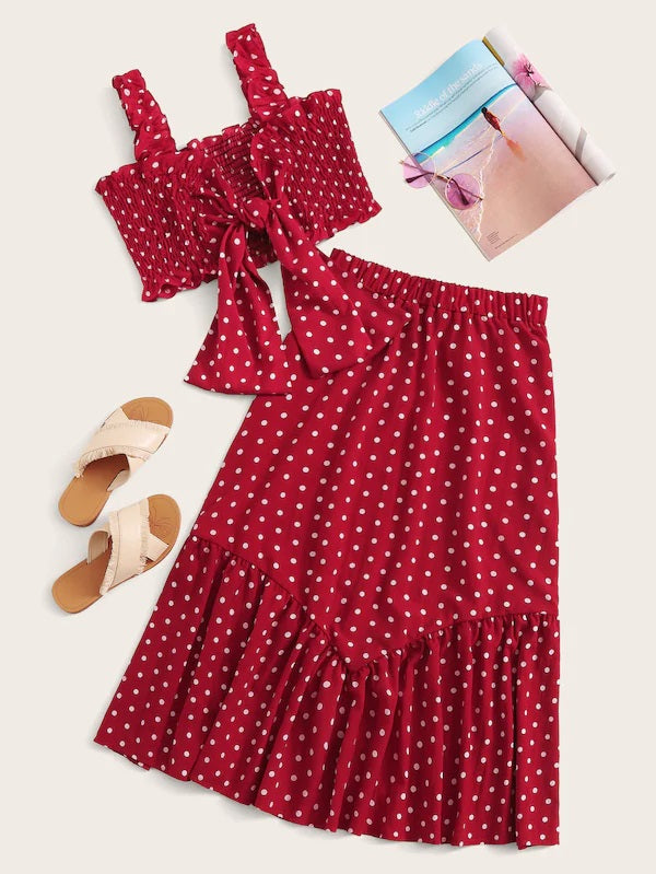 CM-SS620231 Women Casual Seoul Style Polka Dot Tie Front Shirred Cami Top With Ruffle Hem Skirt - Set
