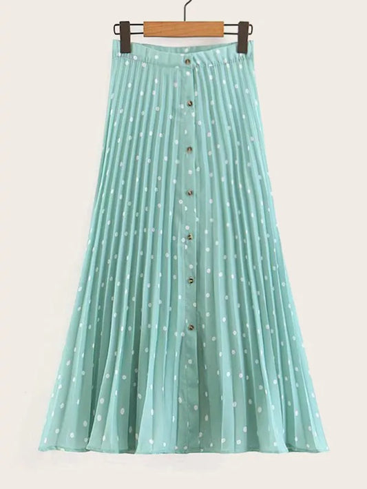 CM-BS620056 Women Casual Seoul Style High Waist Polka Dot Print Button Front Pleated Skirt - Green