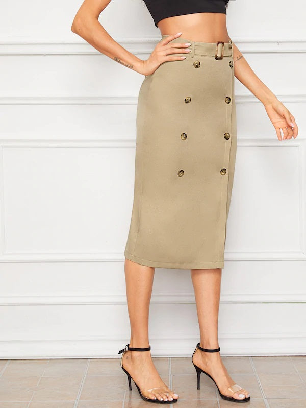 CM-BS611100 Women Elegant Seoul Style Double Button Wrap Belted Midi Skirt - Khaki