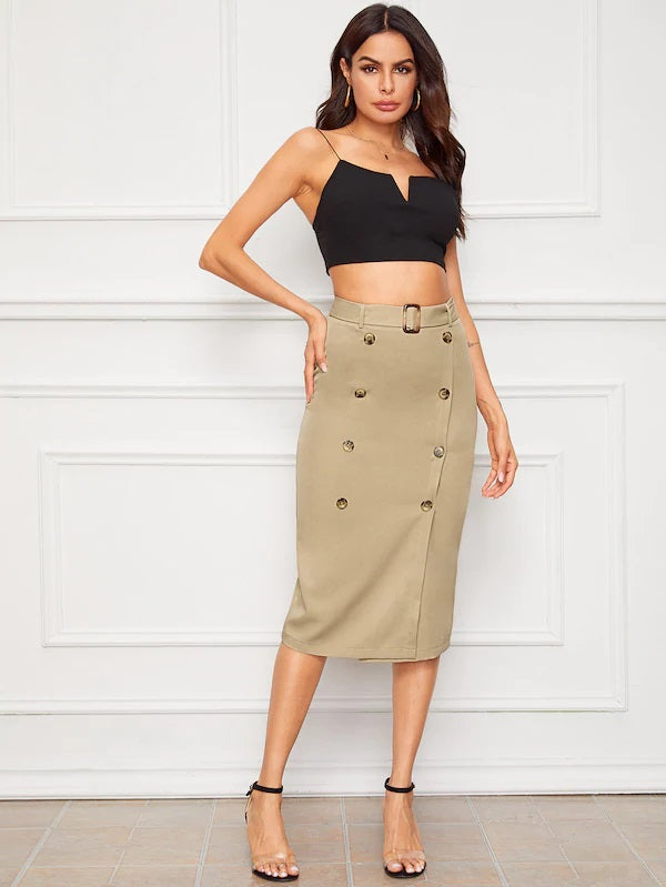 CM-BS611100 Women Elegant Seoul Style Double Button Wrap Belted Midi Skirt - Khaki