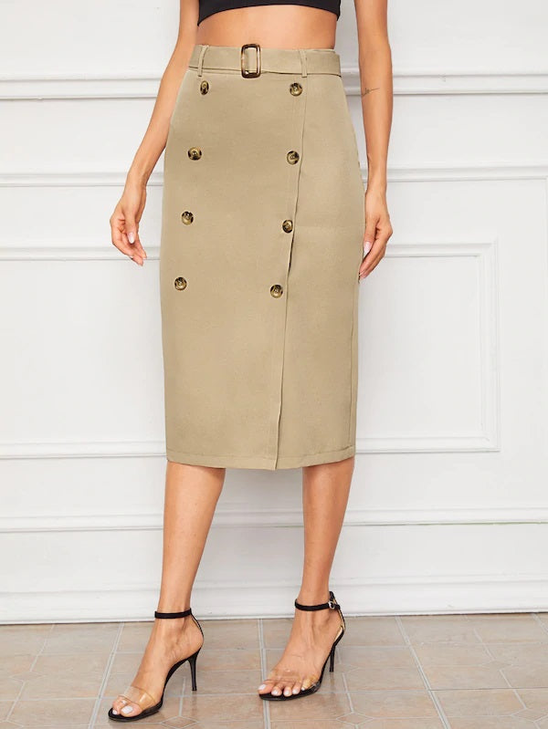 CM-BS611100 Women Elegant Seoul Style Double Button Wrap Belted Midi Skirt - Khaki