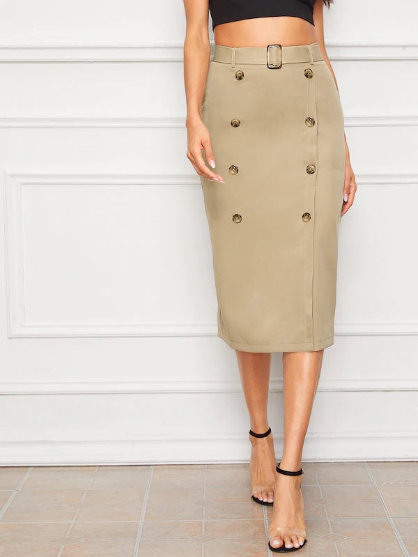 CM-BS611100 Women Elegant Seoul Style Double Button Wrap Belted Midi Skirt - Khaki