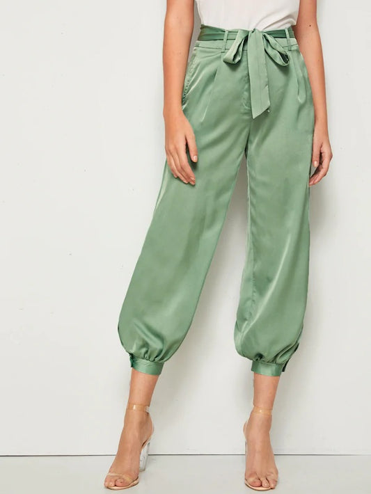 CM-BS621739 Women Casual Seoul Style Mid Waist Solid Belted Tapered Pants - Green