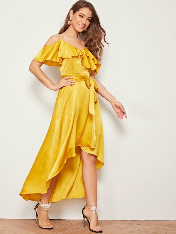 CM-DS624364 Women Elegant Seoul Style Ruffle Trim Belted Cold Shoulder Slip Dress - Yellow