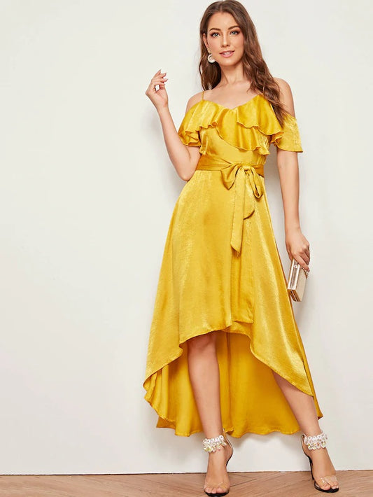 CM-DS624364 Women Elegant Seoul Style Ruffle Trim Belted Cold Shoulder Slip Dress - Yellow