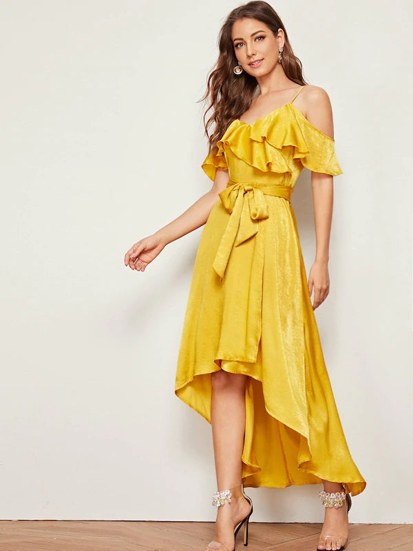 CM-DS624364 Women Elegant Seoul Style Ruffle Trim Belted Cold Shoulder Slip Dress - Yellow