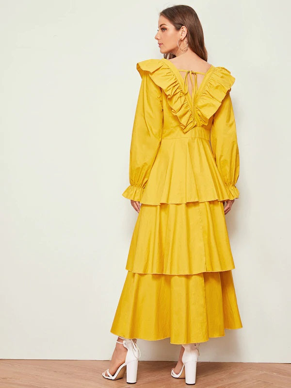 CM-DS624565 Women Elegant Seoul Style Layered Ruffle Hem Tie Back V-Neck Dress - Yellow