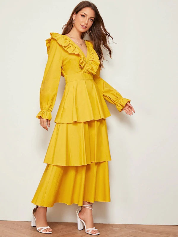 CM-DS624565 Women Elegant Seoul Style Layered Ruffle Hem Tie Back V-Neck Dress - Yellow